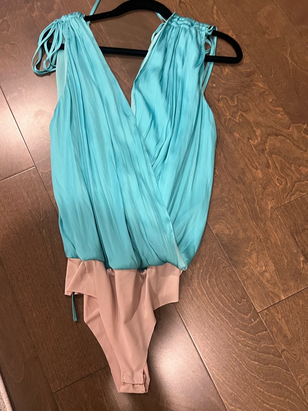 NWT Women’s Draped Plunge Bodysuit - Aqua and Nude